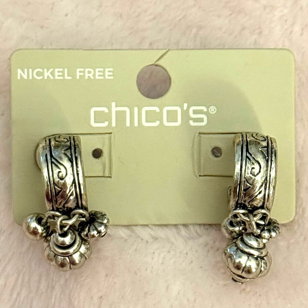 Chico's‎ Silver Tone Scroll Hoop Earrings with Dangling Beads NEW